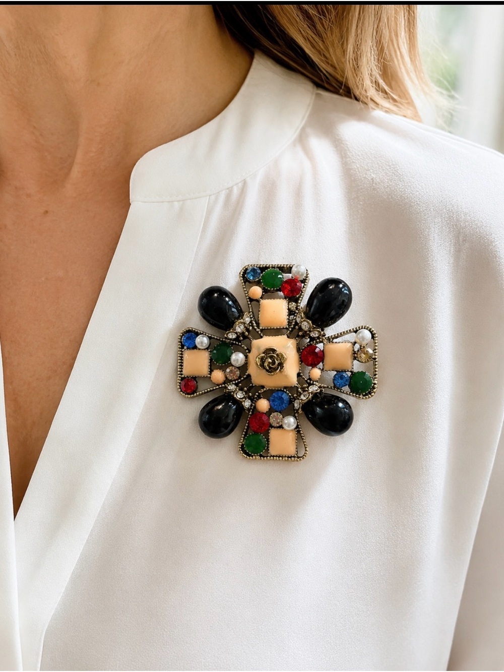 Multicolor Cross Statement Brooch - Designer-Inspired
